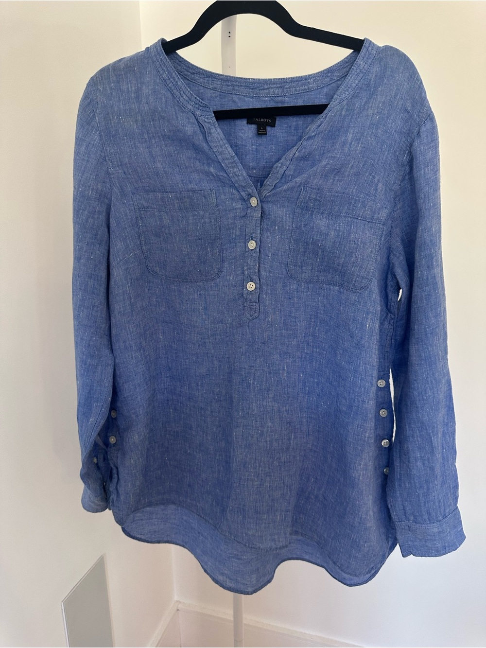 Talbots 100% Linen Chambray Blue Blouse Button Detail Lightweight Tunic Top